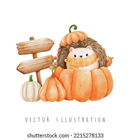 Autumn season, cute hedgehog , vector illustration