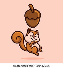 Autumn Season Cute Squirrel Holding Nut Balloon Cartoon