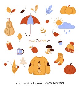 Autumn season cute watercolor design elements set. Collection of fall leaves, berries, pumpkins, umbrella, sweater, socks, hat, hot cup of tea. Flat vector illustration isolated on white background