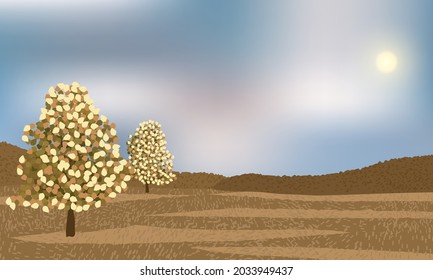 Autumn season day outdoor with beautiful trees, grass, and distant forest.
