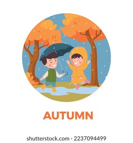 Autumn season decorative frame or sticker mockup with kids rejoice in autumn and playing in puddles, flat cartoon vector illustration isolated on white background.