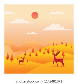 Autumn Season With Deer And Landscape Background