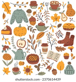 Autumn season design elements. Cute colourful fall clip art. Autumn mood items like florals, wool clothes, pies, pumpkins. Vector hand drawn icon set.