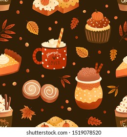 Autumn season dessert and drink flat vector seamless pattern. Pumpkin spice latte and cupcakes background, backdrop. Cappuccino, pie slice and leaves wrapping paper, wallpaper, textile design