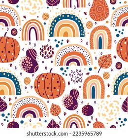 Autumn season dessert and drink flat vector seamless pattern. Pumpkin spice latte and cupcakes background, backdrop. Pie slice and leaves wrapping paper, wallpaper, textile design.