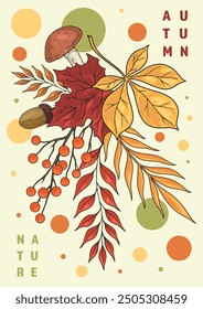 Autumn season detailed sticker colorful with petals and twigs of trees or acorns and berries for interior decoration vector illustration