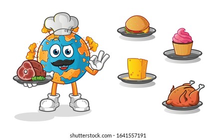 autumn season. autumn earth chef with many types of food cartoon. including cheese, burgers, cupcakes, chicken and beef. cartoon mascot vector