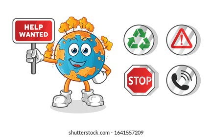 autumn season. autumn earth holding sign cartoon. including recycling sign, caution, stop, telephone. cartoon mascot vector