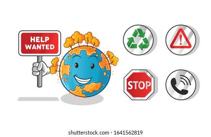 autumn season. autumn earth holding sign cartoon. including recycling sign, caution, stop, telephone. cute chibi cartoon mascot vector