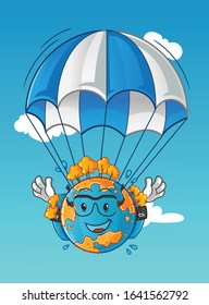 autumn season. autumn earth skydiving cartoon with parachutes and glasses. cute chibi cartoon mascot vector