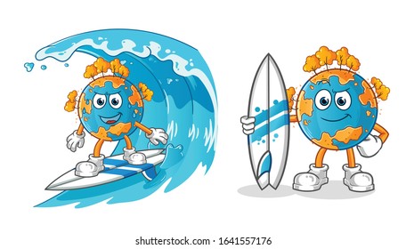 autumn season. autumn earth surfing on the waves cartoon and holding a surfboard. cartoon mascot vector