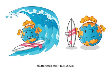 autumn season. autumn earth surfing on the waves cartoon and holding a surfboard. cute chibi cartoon mascot vector