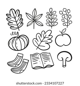 Autumn season element set doodle icons sign. Hand drawn black color vector illustration isolated on white background.