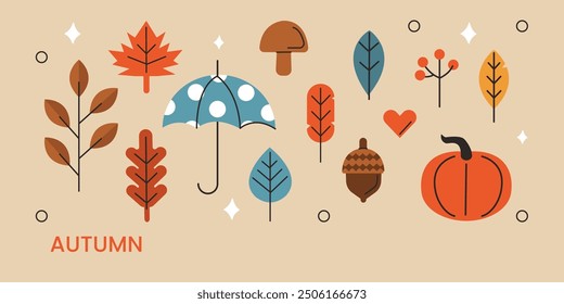 Elementos de la temporada de otoño. Hojas doradas, bellotas, calabaza, paraguas para patrones, estampados y diseño de producto. Ilustración vectorial dibujada a mano.