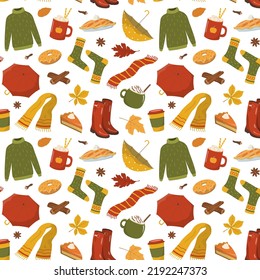 Autumn season elements seamless background. Hot seasonal drinks, food, clothes, umbrellas, and others. Fall season elements. Vector illustration