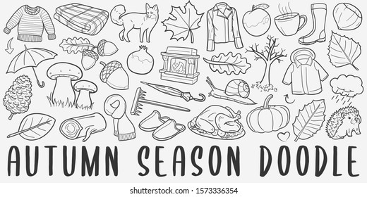 Autumn Season Fall Doodle Line Art Illustration. Hand Drawn Vector Clip Art. Banner Set Logos.