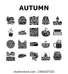 autumn season fall leaf nature icons set vector. orange foliage, banner maple, element red, sale plant, decoration colorful, october autumn season fall leaf nature glyph pictogram Illustrations