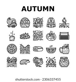 autumn season fall leaf nature icons set vector. orange foliage, banner maple, element red, sale plant, decoration colorful, october autumn season fall leaf nature black contour illustrations