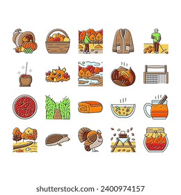 autumn season fall leaf nature icons set vector. orange foliage, banner maple, element red, sale plant, decoration colorful, october autumn season fall leaf nature color line illustrations