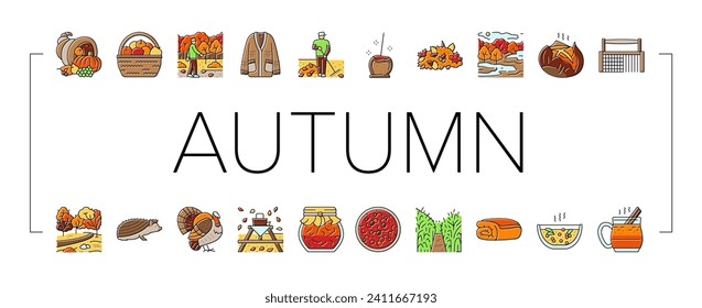 autumn season fall leaf nature icons set vector. orange foliage, banner maple, element red, sale plant, decoration colorful, october autumn season fall leaf nature color line illustrations