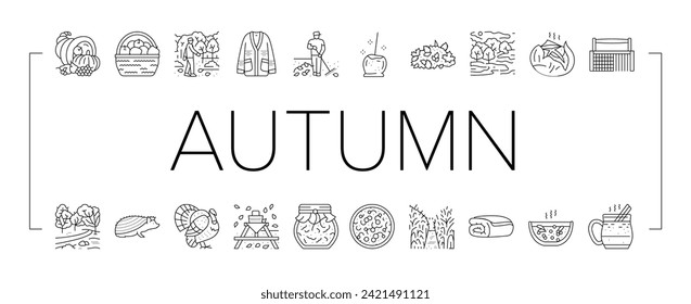 autumn season fall leaf nature icons set vector. orange foliage, banner maple, element red, sale plant, decoration colorful, october autumn season fall leaf nature black line illustrations