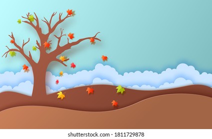 Autumn Season Fall Leaves And Cloudy Landscape In Paper Art Style. In Autumn Time, Silhouette Tree And Hill Are Papercut Art. Vector 3d Illustration Cut Out Of Cardboard