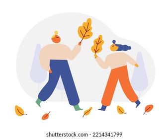 Autumn season. Fall, rain. People silhouette with umbrella flat vector