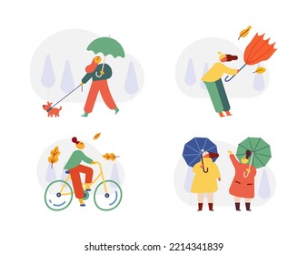 Autumn season. Fall, rain. People silhouette with umbrella flat vector