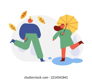 Autumn season. Fall, rain. People silhouette with umbrella flat vector