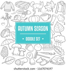 Autumn Season Fall Traditional Doodle Icons Sketch Hand Made Design Vector