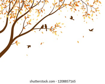 Autumn season with falling leaves with bird for wallpaper sticker