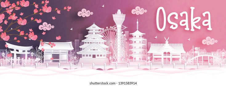 Autumn season with falling Sakura flower and Osaka city skyline, Japan and world famous landmarks in paper cut style vector illustration