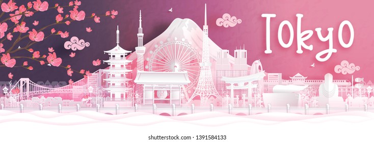 Autumn season with falling Sakura flower and Tokyo city skyline, Japan and world famous landmarks in paper cut style vector illustration