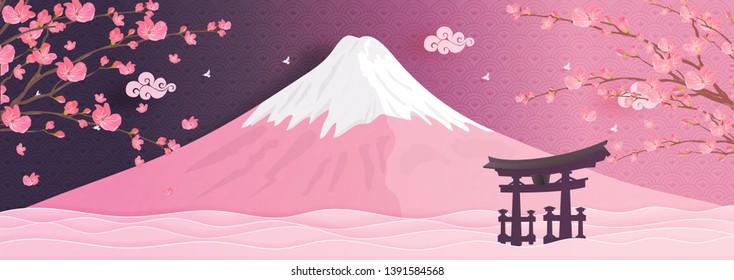 Autumn season with falling Sakura flower and Fuji mountain in Japan world famous landmarks in paper cut style vector illustration