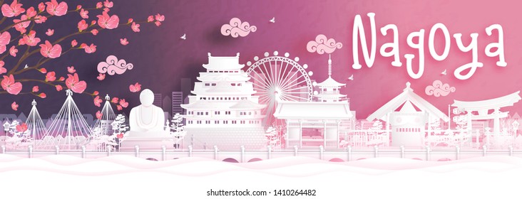 Autumn season with falling Sakura flower and Nagoya, Japan world famous landmarks in paper cut style vector illustration