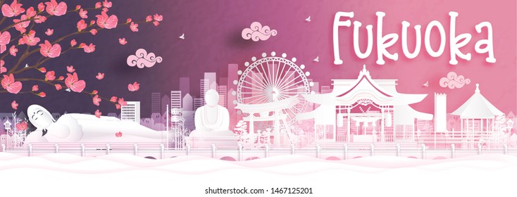 Autumn season with falling Sakura flower and Fukuoka, Japan world famous landmarks in paper cut style vector illustration