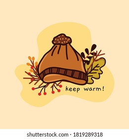 autumn season fashion item. autum clothes. beanie hat, leaf. vector illustration