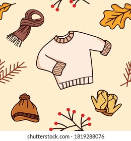 autumn season fashion item. seamless pattern autum clothes. scarves, beanie hat, knitted gloves, warm clothes. vector illustration