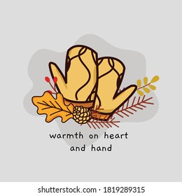 autumn season fashion item. warm knitted gloves, pine cone, leaf. vector illustration