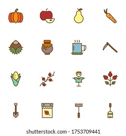 Autumn season filled outline icons set, line vector symbol collection, autumn related linearly colorful pictogram pack. Signs logo illustration, Set includes icons - vegetable harvest, pumpkin, carrot