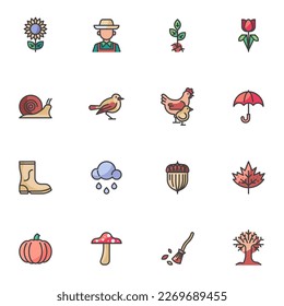 Autumn season filled outline icons set, line vector symbol collection, linear colorful pictogram pack. Signs, logo illustration, Set includes icons as cloud and rain, umbrella, foliage, rubber boot