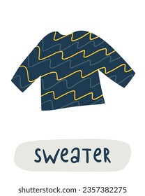 Autumn season flashcard. Learning English words for kids. Cute hand drawn doodle educational card with sweater. Preschool learning material