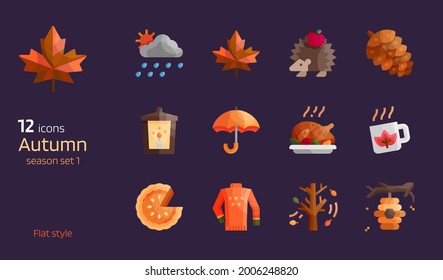 Autumn season flat design icon vector set. Detailed glossy style.