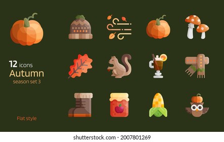 Autumn Season Flat Design Icon Vector Set. Fall Seasonal Detailed Glossy Brightness Glyphs For Decorative.