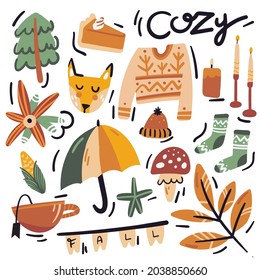 Autumn season flat illustrations set. Isolated on white. Mushroom, leaf, umbrella, fox, coffee, pie, pumpkin, candle, sweater, hat, socks, apple, heart, star, tea. Fall cozy doodle collection.