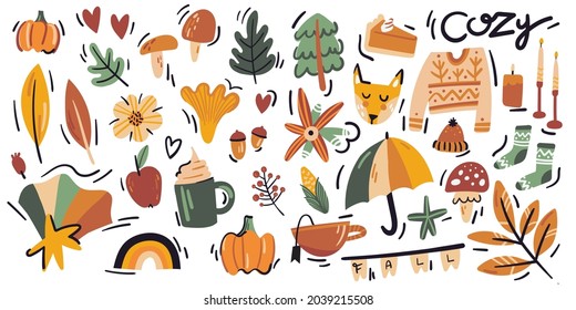 Autumn season flat illustrations set. Isolated on white. Mushroom, leaf, umbrella, fox, coffee, pie, pumpkin, candle, sweater, hat, socks, apple, heart, star, tea. Fall cozy doodle collection.