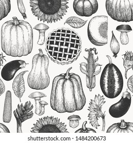 Autumn season food seamless pattern. Hand drawn thanksgiving day background. Retro food illustrations