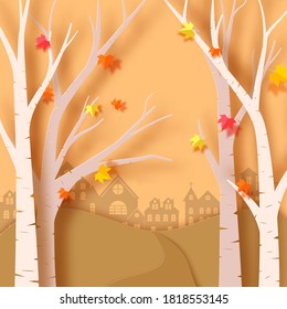 Autumn season in the forest in paper art style. In autumn, trees and leaves are cut out of paper. Landscape leaf fall, silhouettes of houses on the hill. Vector 3d illustration cut out of cardboard