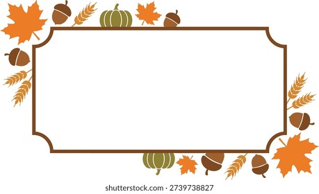 Autumn season frame border with pumpkins, acorns and fall leaves, ideal for thanksgiving invitations, harvest posters, seasonal banners, labels and greeting cards.