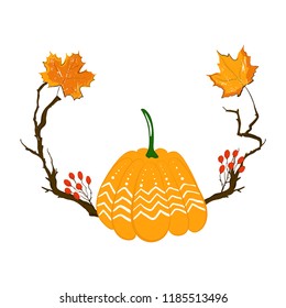 Autumn season frame with pumpkin, maple leaves and red berries, dry branch. Fall decoration element for cards and seasonal decor. Isolated on white background